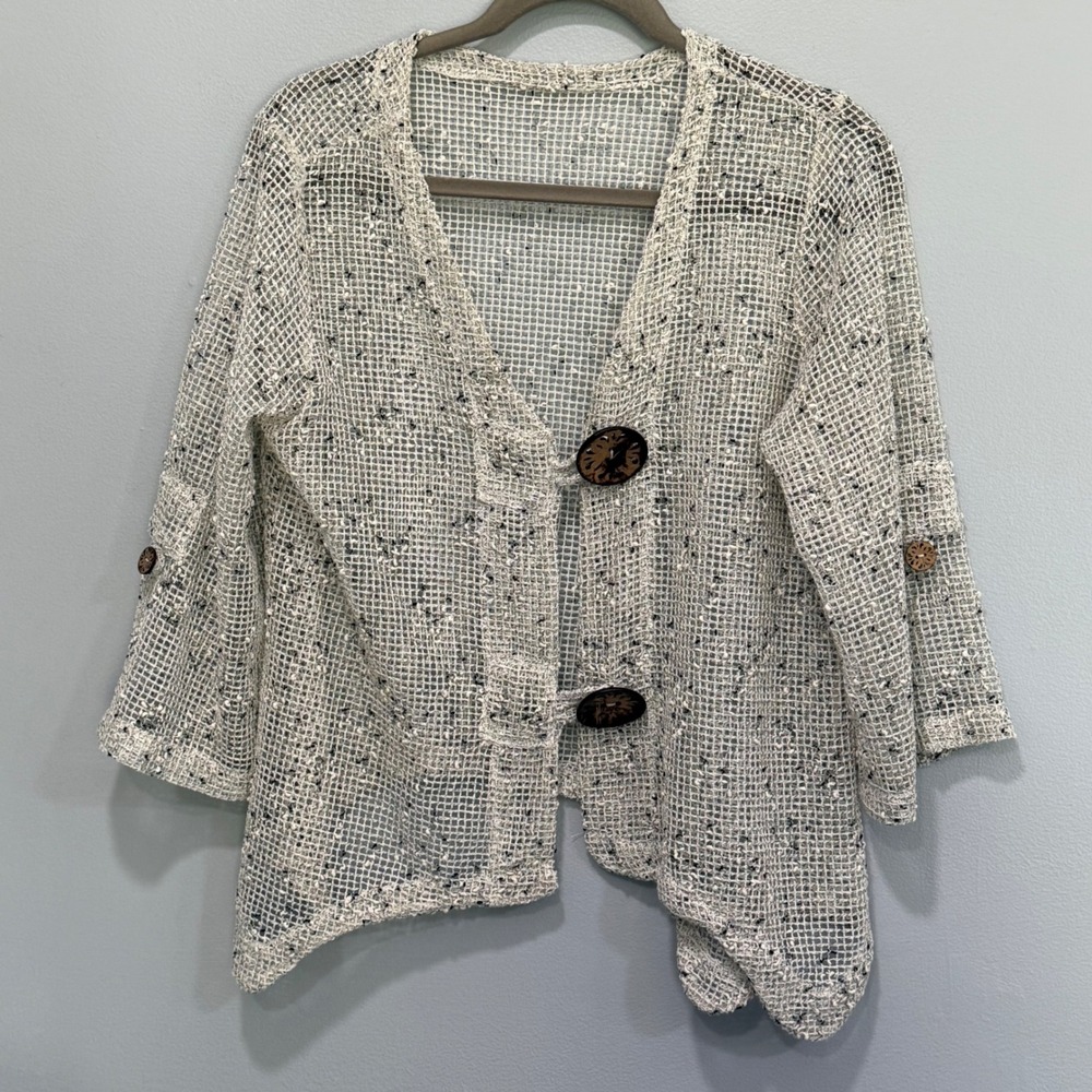 Womens Open Knit Mesh Cardigan White Black Speckled Button Front 3/4 Sleeve